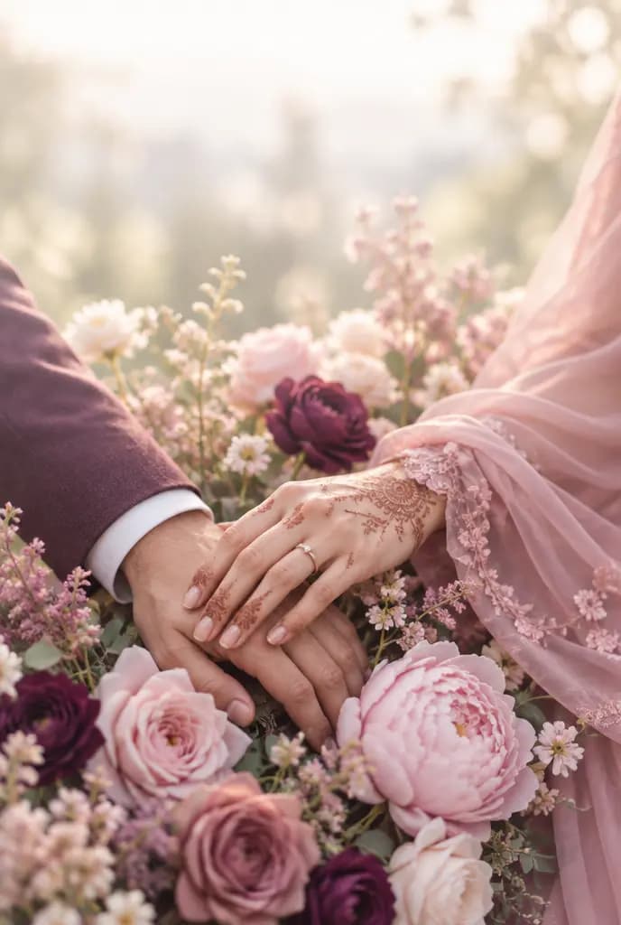 Mains d'un couple posées l'une sur l'autre parmi des roses poudrées, henné délicat et alliance simple.